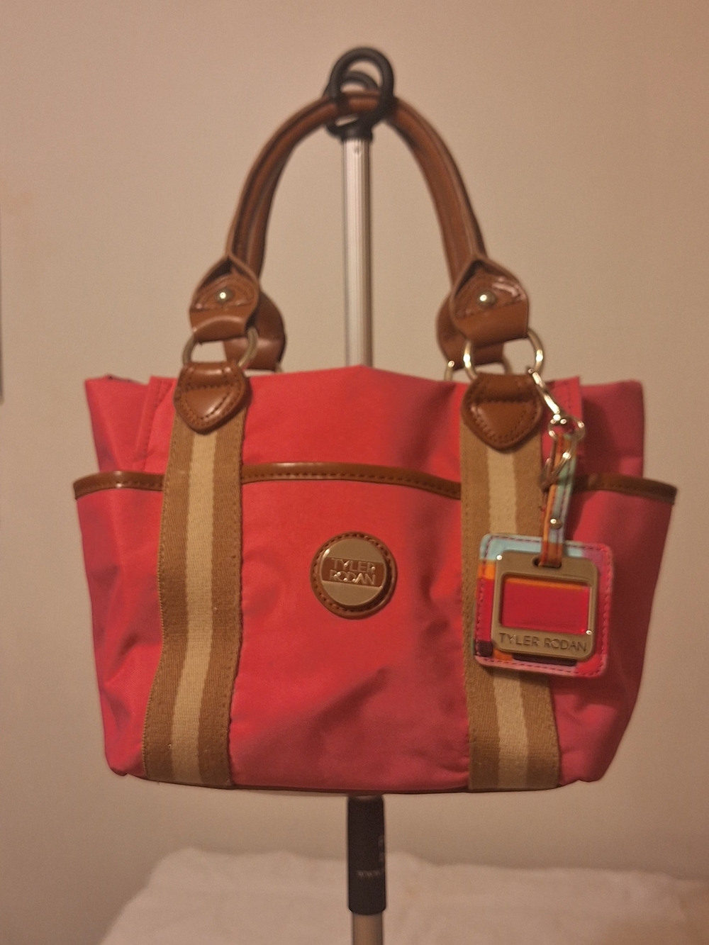 Tyler Rodan Coral Canvas Tote with Tan Trim and Multicolor Tag (13.5 X 8.5 X 4.5 - Picture 8 of 16